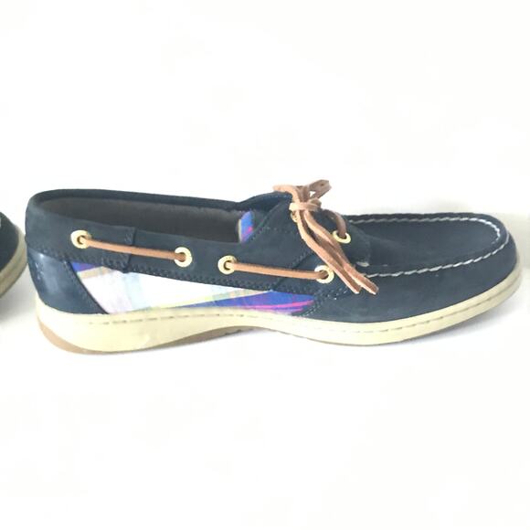 Sperry Top Siders Size 8.5 M Womens Leather Madras Plaid Navy Blue - Picture 6 of 10
